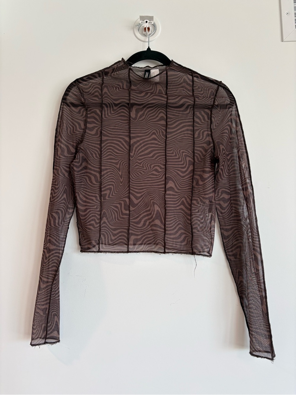 H&M Black Sheer Wave-Pattern Long Sleeve Top